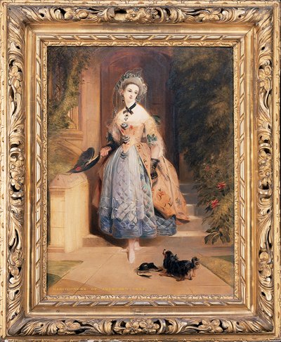 Retrato de Louisa Jane, marquesa de Abercorn, baixinha de corpo inteiro, em um vestido elaboradamente bordado em amarelo e azul, na entrada de uma casa, com um spaniel, 1832 de Daniel Maclise