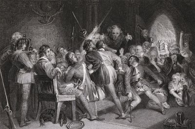 O Salão de Glennaquoich - uma Festa das Terras Altas, gravada por P. Lightfoot, de &39;Waverly&39; por Sir Walter Scott (1771-1832) de Daniel Maclise