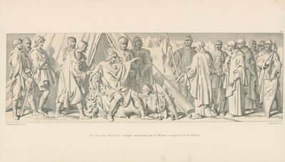O dia antes da batalha. Um cavaleiro, com monges, enviado por William para negociar com Harold de Daniel Maclise