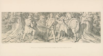 William, em sua área de caça em Rouen, recebe informações de Tostig sobre a coroação de Harold de Daniel Maclise