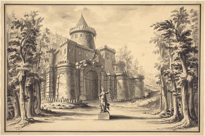 Um cenário com uma estátua e um palácio de Daniel Marot the Younger