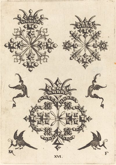 Três broches com pássaros de fantasia à esquerda, à direita e em baixo de Daniel Mignot