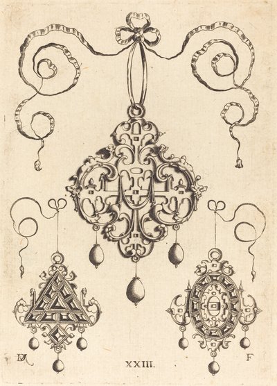 Três pingentes Strapwork, os inferiores triangulares e ovais de Daniel Mignot