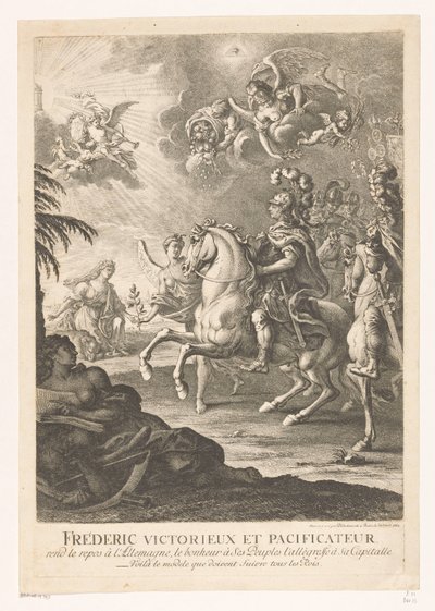 Representação alegórica com Frederico o Grande a cavalo Fréderic victorieux et pacificateur (...) (título no objeto) de Daniel Nikolaus Chodowiecki