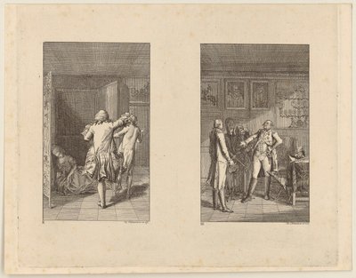O Barão expulsa Cândido do castelo [à esquerda]; Cândido, Cunigunde e a Velha perante o governador de Buenos Aires [à direita] de Daniel Nikolaus Chodowiecki