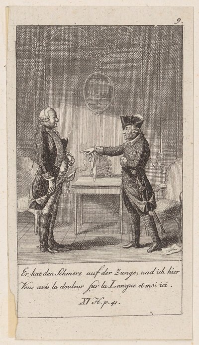 Prancha 9 de «Anedotas e traços de carácter de Frederico II, rei da Prússia» de Daniel Nikolaus Chodowiecki