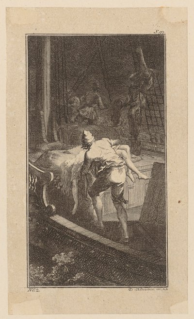 Bunkel leva Miss Melmoth da cabina inundada para o convés, estampa 2 de «Vida, observações e opiniões de Johann Bunkel» de Daniel Nikolaus Chodowiecki