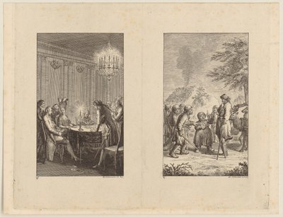 Cândido junto de uma actriz [à esquerda]; Cândido na Noruega [à direita] de Daniel Nikolaus Chodowiecki
