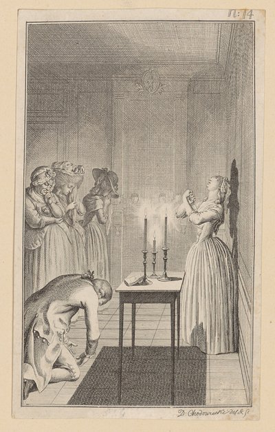 Clarisse ameaça apunhalar-se com uma faca para se proteger da desonra de Lovelace de Daniel Nikolaus Chodowiecki