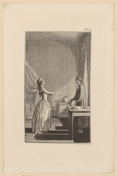 Clarisse acusa Lovelace de a ter deixado desprotegida, de a ter desonrado e de lhe ter roubado toda a paz e virtude de Daniel Nikolaus Chodowiecki