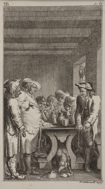 O cachorro de Scheerer lambe a água colorida de um vaso quebrado debaixo da mesa, ao redor do qual 4 fazendeiros estão sentados e 3 estão de pé, fumando e bebendo tabaco. ob.III, p. 61 de Daniel Nikolaus Chodowiecki