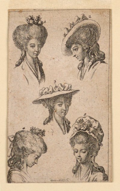 Five Headgears, como Worn by Berlin Women, Ilustração para "Königl: Grosbrit [anian] calendário genealógico para o ano de 1783 Lauenberg por J.G. Berenberg" de Daniel Nikolaus Chodowiecki