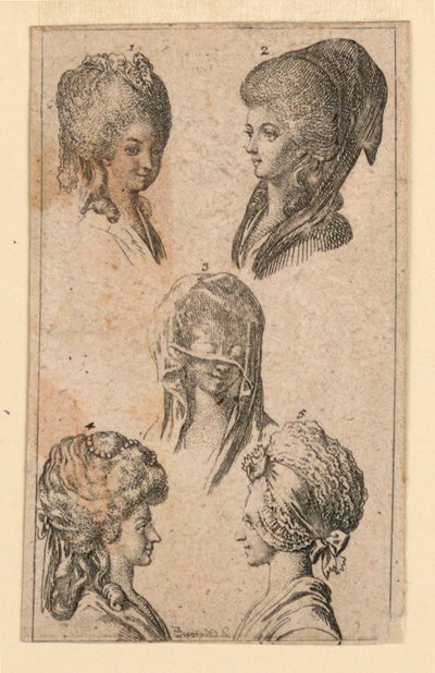 Five Headgears, como Worn by Berlin Women, Ilustração para "Königl: Grosbrit [anian] calendário genealógico para o ano de 1782 Lauenberg por J.G. Berenberg" de Daniel Nikolaus Chodowiecki