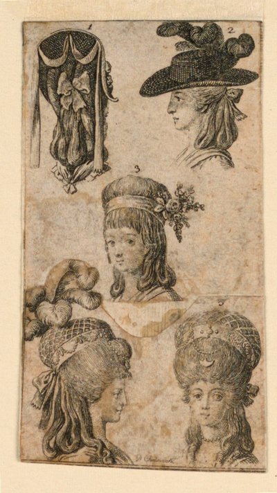 Cinco Headgears para Mulheres, Dois Fragmentos de Ilustrações para "Königl: Grosbrit [anian] calendário genealógico para o ano de 1781 Lauenberg por J.G. Berenberg" de Daniel Nikolaus Chodowiecki