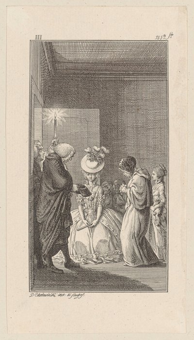 Lady Vincent, acompanhada por Lady Brunk, Whitefield e um clérigo, entra de Daniel Nikolaus Chodowiecki