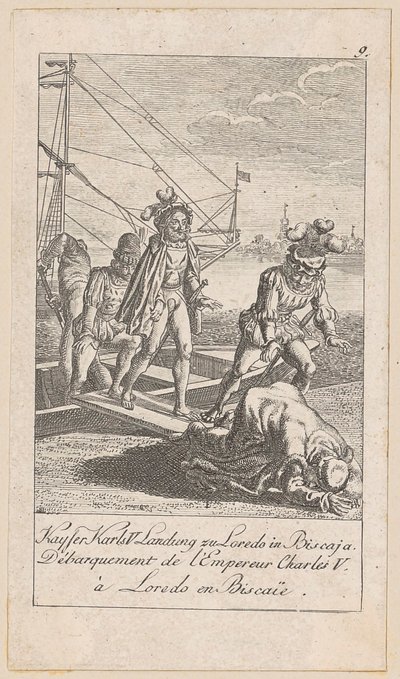 Desembarque do imperador Carlos V na Biscaia, folha 9 da série "História antiga, medieval e moderna" de Daniel Nikolaus Chodowiecki