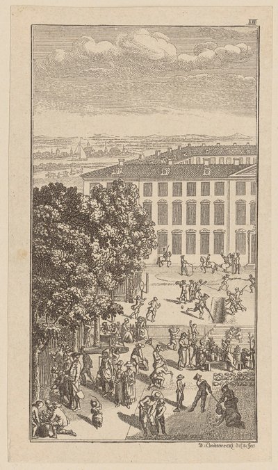 Edifício do seminário, com exercícios de ginástica e trabalhos de jardinagem em frente de Daniel Nikolaus Chodowiecki