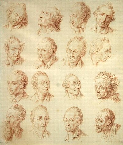 Estudos de Expressões Faciais (giz vermelho sobre papel) de Daniel Nikolaus Chodowiecki