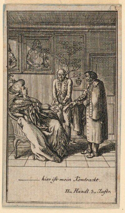 A mulher idosa contrata um homem, ilustração da peça "Não mais que sachs Schuesseln" de Fredrich Wilhelm Grossman em "Königl: Grosbrit [anian] calendário genealógico para o ano de 1782 Lauenberg por J.G. Berenberg" de Daniel Nikolaus Chodowiecki