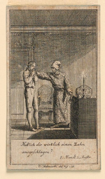 The Slap in the Face, Ilustração da peça "Não mais do que sachs Schuesseln" de Fredrich Wilhelm Grossman em "Königl: Grosbrit [anian] calendário genealógico para o ano de 1782 Lauenberg por J.G. Berenberg" de Daniel Nikolaus Chodowiecki
