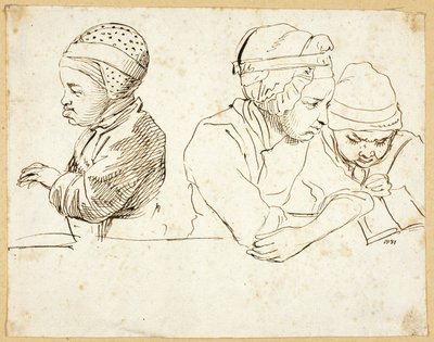 Três Filhos (reto); Esboços de cabeça, olhos, lábios e flores (verso) de Daniel Nikolaus Chodowiecki