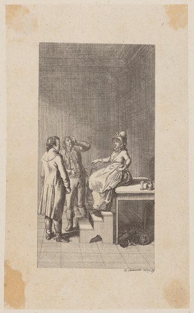 Gravura de cobre da capa de «Jacó e o seu Senhor», de Diderot, primeira parte de Daniel Nikolaus Chodowiecki