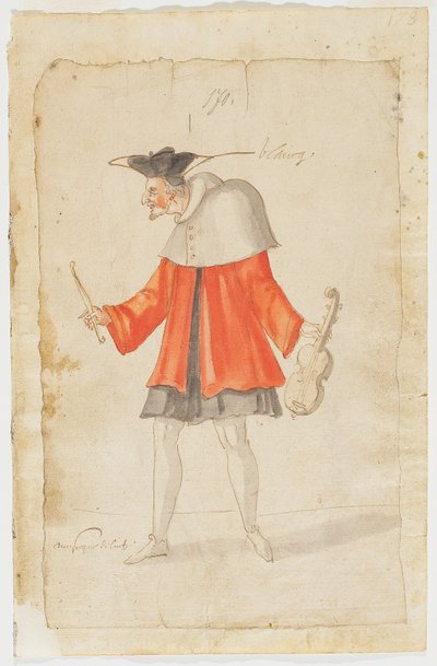 Músico do Ballet du Serieux et du Grotesque, 1627 (tinta marrom e wc sobre papel) de Daniel Rabel