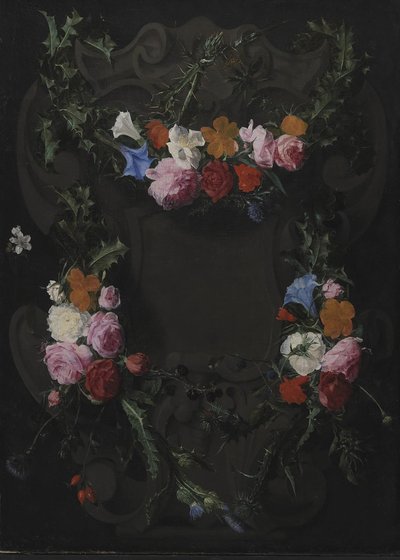 Uma cartela de pedra com uma guirlanda de flores de Daniel Seghers