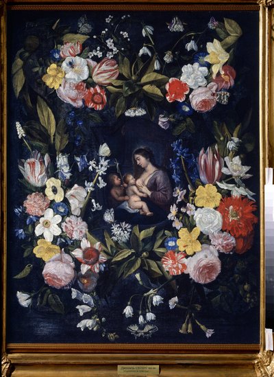 Grinalda Floral com Madonna e Criança. Pintura por Daniel Seghers (1590-1661). Óleo sobre tela, 82 x 64 cm. Arte flamenga, arte barroca. Museu Estatal de Arte, Tula (ou Tolan). de Daniel Seghers