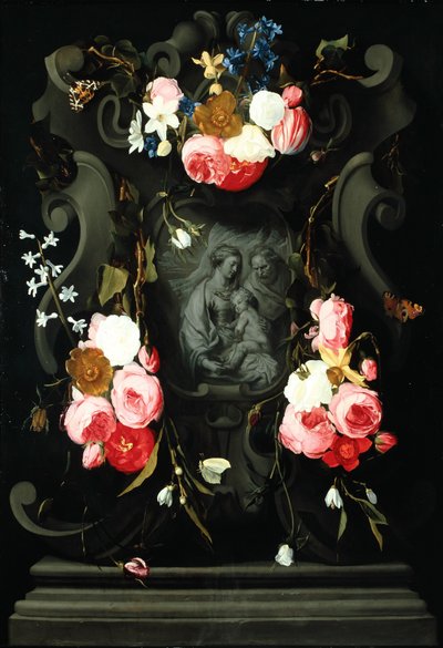 Guirlanda de Flores com a Sagrada Família, 1625-27 (óleo sobre cobre) de Daniel Seghers