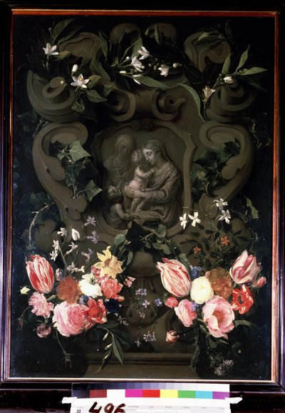 Madonna e criança, Santa Isabel e João Baptista em criança numa guirlanda floral. Pintura por Daniel Seghers (1590-1661). Óleo sobre cobre, 84 x 61 cm de Daniel Seghers