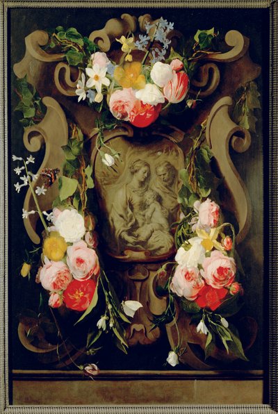 Natureza-morta com a Sagrada Família (óleo sobre madeira de carvalho) de Daniel Seghers