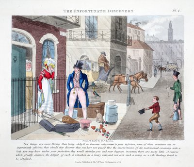 A Descoberta Infeliz, ilustração de &39;Fashionable Bores or Coolers in High Life&39; por Peter Quiz, pub. Thomas McLean, Londres 1824 (gravura colorida à mão) de Daniel Thomas Egerton