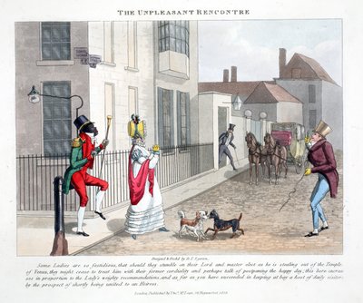 O Rencontre desagradável, ilustração dos "furos elegantes ou refrigeradores na vida alta" por Peter Quiz, bar. Thomas McLean, Londres 1824 (gravura colorida à mão) de Daniel Thomas Egerton
