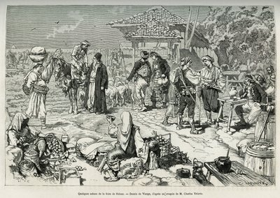 Algumas cenas comuns da feira Salone (Croácia), venda de frutas, legumes, aves e cordeiros, assim como mesas preparadas para dessalinização. Gravura após o desenho de Virgem, para ilustrar a viagem à Dalmácia, de Charles Yriarte, em 1874, publicou i de Daniel Urrabieta Vierge