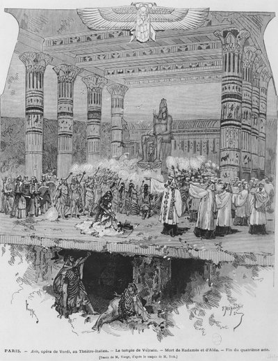 O Templo de Vulcano com a Morte de Radamés e Aida, cena do Ato IV de &39;Aida&39; de Giuseppe Verdi (1813-1901) gravado por Fortune Louis Meaulle, 1871 de Daniel Urrabieta Vierge