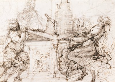 Santa Cecília de Roma tocando órgão (Santa Cecília no Órgão) - Obra de Daniele Crespi (1598-1630), giz e aquarela sobre papel de Daniele Crespi