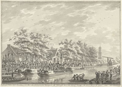 Chegada dos Amsterdammers em Utrecht, 1787 Vista Da Chegada Dos Cidadãos De Amsterdã Em Utregt At De Rooy Brug. Depois de Den Dom para ver. 1787. (título no objeto) de Daniël Kerkhoff