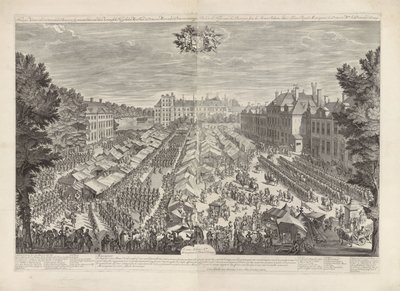 Feira de Haia com o Príncipe e a Princesa de Orange, 1686
Feira de Haia com o signo de cidadania em avanço apresentando a suas Altezas-Rei myn heer de prince e Madame de princesse van Orange / Foire de la Haye, avec les bourgois sous les armes, sa de Daniël Marot (I)