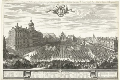 Homens armados na Praça Dam durante a Feira de Amsterdã, 1686 Feira de Amsterdã mostrando o Burgery in the Weapons, sig Apresentando aaen de Groot Agtb: Heeren Burgermeesteren (título no objeto) Foire d