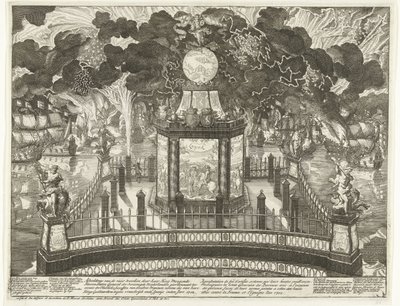 Fogos de artifício no Hofvijver celebrando a vitória em Vigo, 1702
Ilustração dos fogos de artifício encomendados por Sua Alta Majestade o General dos Estados Unidos da Holanda por ocasião dos gloriosos sucessos das suas armas ao lado de Daniël Marot (I)