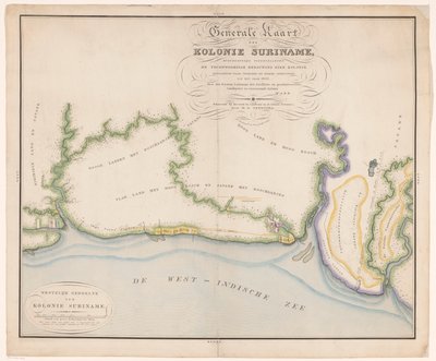 Parte de um mapa do Suriname Mapa geral da colônia do Suriname, mostrando principalmente as construções atuais da colônia (título no objeto) de Daniël Veelwaard (I)