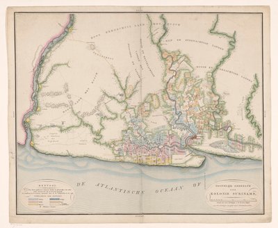 Parte de um mapa do Suriname
Mapa geral da colónia do Suriname, mostrando principalmente o actual povoamento dessa colónia de Daniël Veelwaard (I)