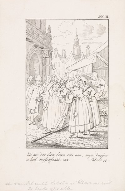 Mulheres em uma banca de mercado com uma bandeira com lírios franceses Banner com lírios em Reims caídos do céu Olhe para mim essa doce jornada de vida; meu frango está muito desgrenhado etc (título no objeto) de Daniël Veelwaard (I)