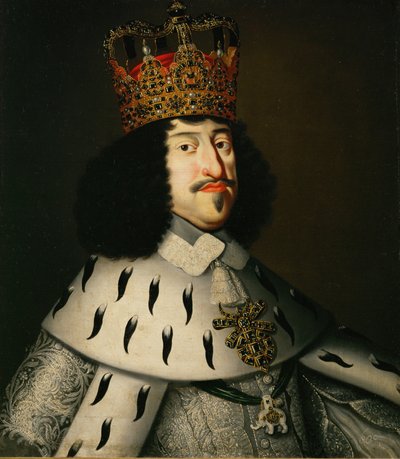 O rei Frederico III da Dinamarca e da Noruega em trajes de coroação ... (pintura sobre tela) de Danish School