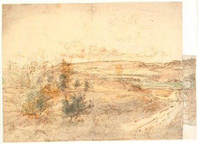 Ampla vista sobre uma paisagem com grandes colinas em torno de um prado. Oeste de Funen? de Dankvart Dreyer