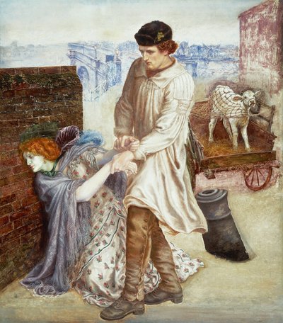 "Redescoberto" Um fazendeiro que veio à cidade para vender seu bezerro tenta criar uma jovem prostituta doente com uma tez cadavérica 1865-1869 (pintura) de Dante Gabriel Charles Rossetti