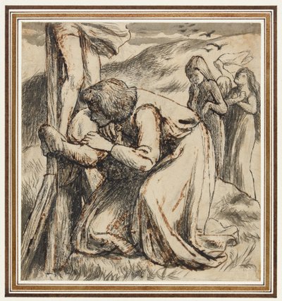 S. João consolando a Virgem aos pés da cruz, c.1857-58 (caneta, tinta da china e aguada sépia sobre papel) de Dante Gabriel Charles Rossetti