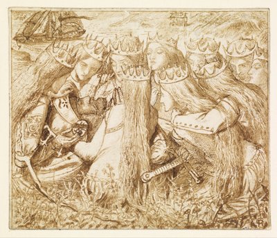 Desenho para o Tennyson de Moxon - o rei Artur e as rainhas chorosas de Dante Gabriel Rossetti
