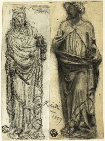 Dois estudos de escultura medieval de Dante Gabriel Rossetti